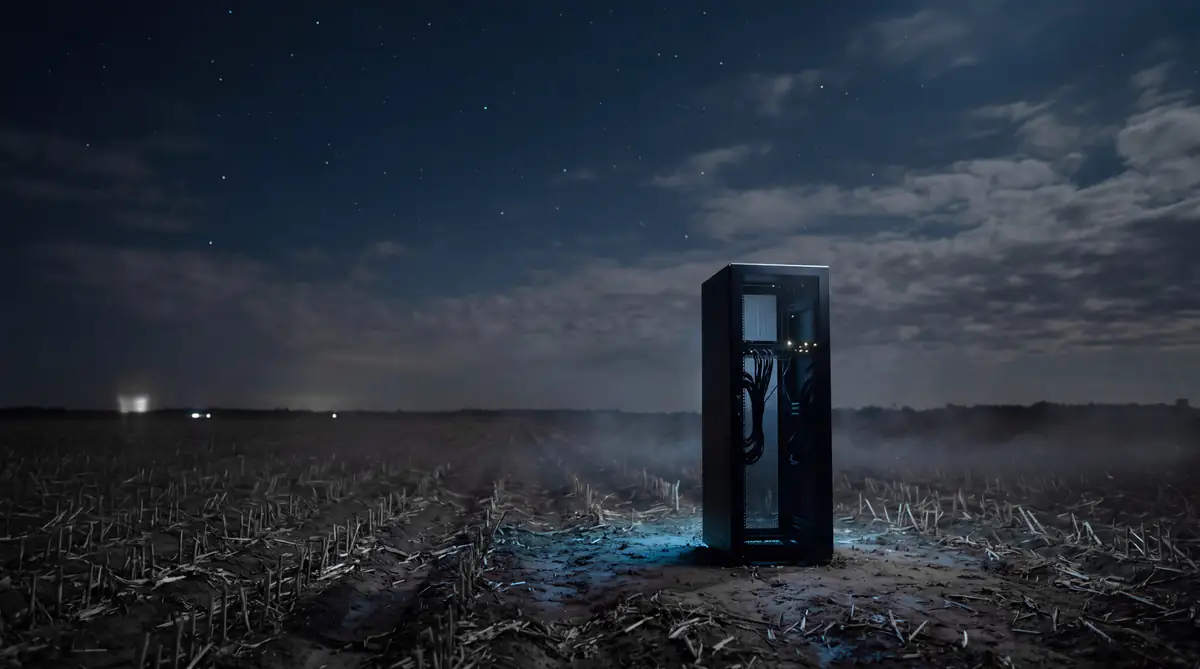 A lone server rack stands in a harvested field at night.
